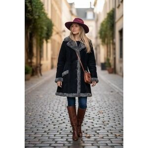 Penny Lane suede leather Women's Black S Shearling Sheepskin Jacket Mid-Length